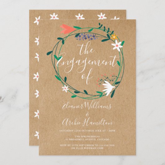 素朴フローラガーランド婚約パーティ 招待状 (正面/裏面)