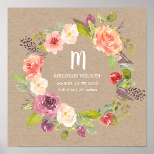 素朴フローラクラフトパーソナライズされたベビー誕生ポスター ポスター