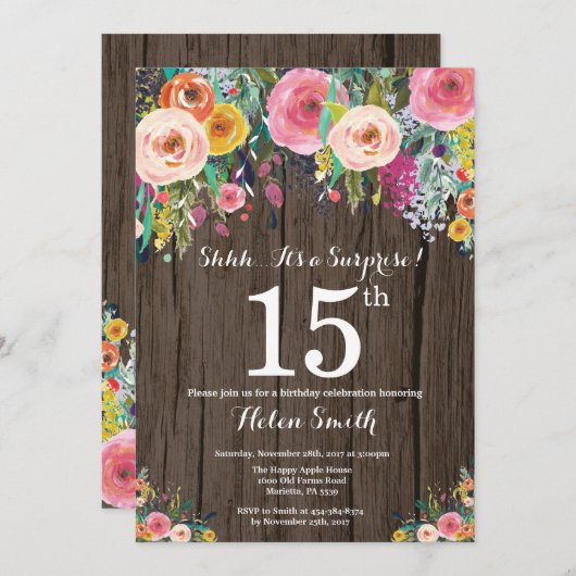 素朴フローラサプライズ15番目の誕生日招待状 招待状 (正面/裏面)
