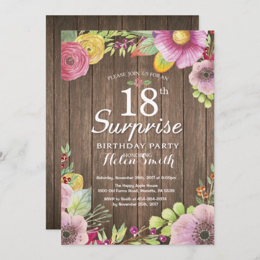 素朴フローラサプライズ18番目の誕生日招待状 招待状 (正面/裏面)
