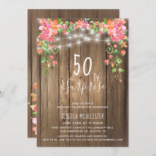 素朴フローラサプライズ50番目の誕生日招待状 招待状 (正面/裏面)