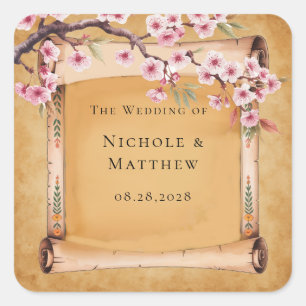 素朴フローラスクロールさくらんぼ結婚ブロッサム スクエアシール