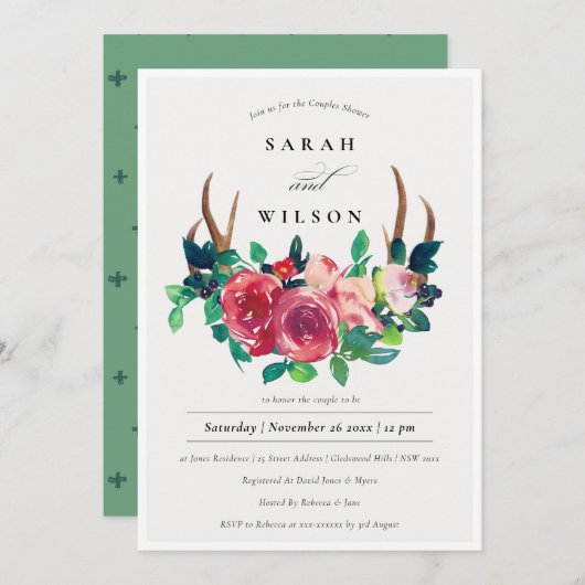 素朴フローラスタグ〔雄ジカの〕枝角カップルシャワー招待状 サンキューカード (正面/裏面)