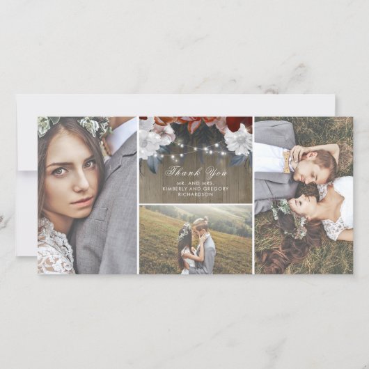 素朴フローラストリングライツウッド結婚ズ・サンキュー サンキューカード (正面)