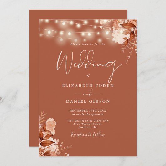 素朴フローラストリングライトテラコッタ秋の結婚式 招待状 (正面/裏面)