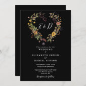 素朴フローラハート白黒結婚ズ 招待状 (正面/裏面)