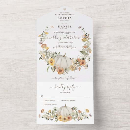 素朴フローラハーベスト秋パンプキ結婚ンのオールイン オールインワン招待状 (内側)