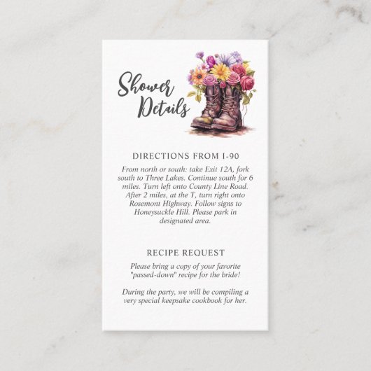 素朴フローラファームブートブライダルシャワー詳細カード 名刺 (正面)