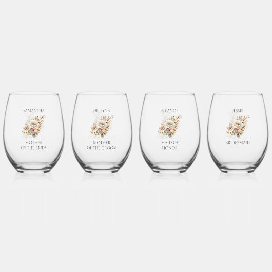 素朴フローラブライダルパーティと表結婚表 ステムなしワイングラス (正面)