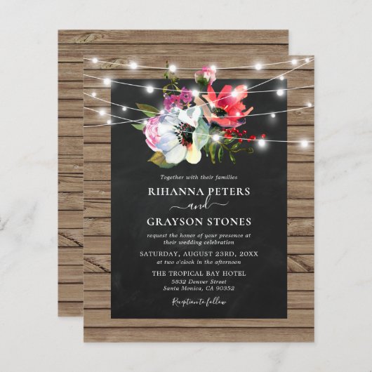 素朴フローラライト予算結婚式招待状 (正面/裏面)