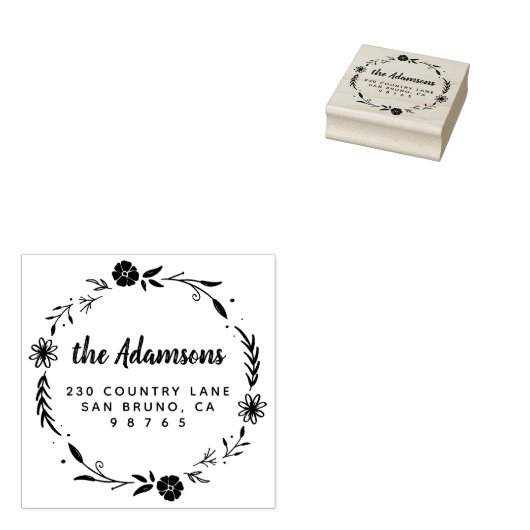 素朴フローラリースファミリ名差出人住所 ラバースタンプ (押印)