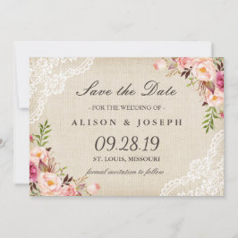 素朴フローラレースアイボリーBurlap日付を保存 セーブザデート