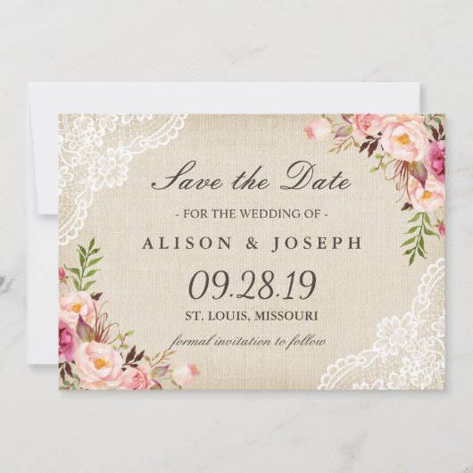 素朴フローラレースアイボリーBurlap日付を保存 セーブザデート (正面)