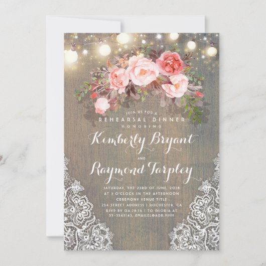 素朴フローラレースライトウッドリハーサルディナー 招待状 (正面)