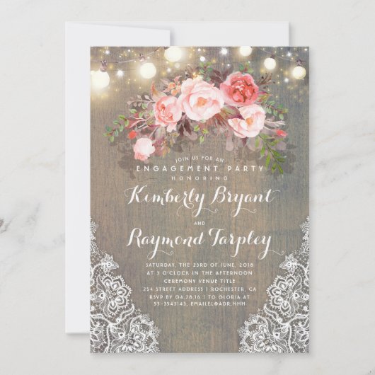 素朴フローラレースライトウッド婚約パーティ 招待状 (正面)
