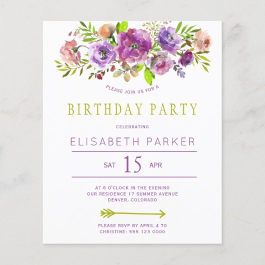 素朴フローラ予算の誕生日パーティーへの招待 (正面)
