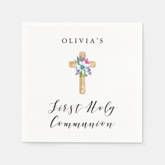 素朴フローラ十字と花 | 第一聖餐式 スタンダードカクテルナプキン (正面)