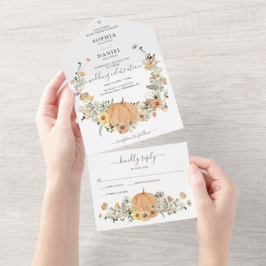 素朴フローラ収穫秋パンプキ結婚ンズ オールインワン招待状 (貼ってはがせる)
