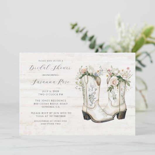 素朴フローラ女性のカーボーイブーツブライダルシャワー 招待状 (スタンド正面)