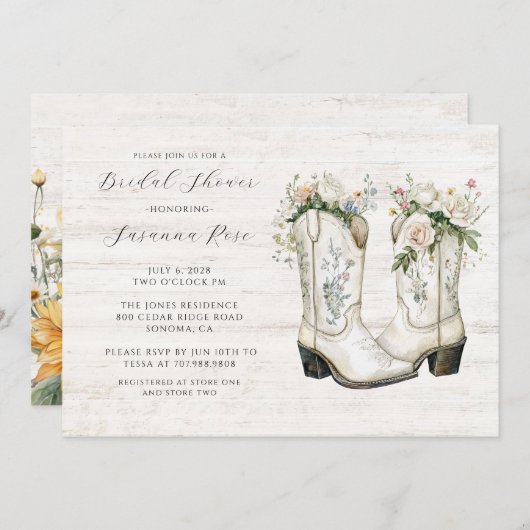 素朴フローラ女性のカーボーイブーツブライダルシャワー 招待状 (正面/裏面)
