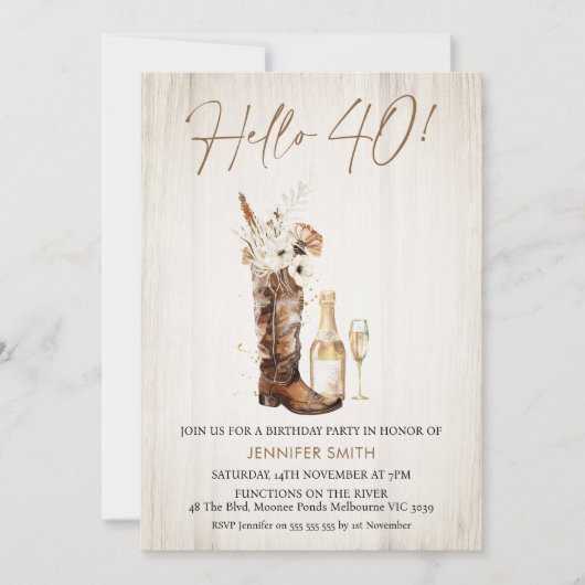 素朴フローラ女性のカーボーイブートボトル40th誕生日 招待状 (正面)