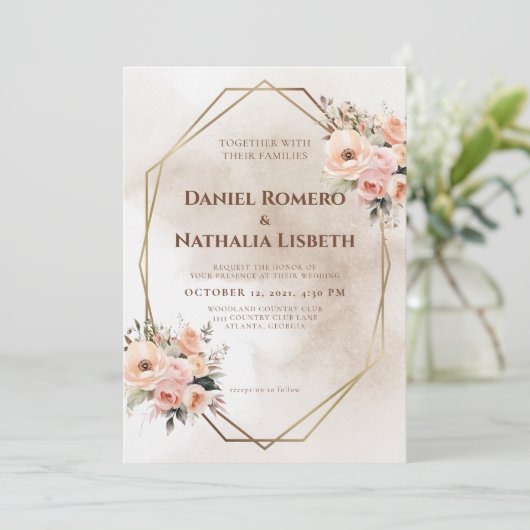 素朴フローラ幾何金ゴールドフレ結婚ーム 招待状 (スタンド正面)