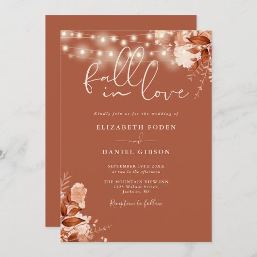 素朴フローラ文字列ライトQRコード秋の結婚式 招待状 (正面/裏面)