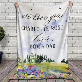 素朴フローラ横向けカスタム引用文「We Love You」 フリースブランケット