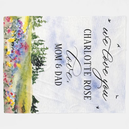 素朴フローラ横向けカスタム引用文「We Love You」 フリースブランケット (正面(横))