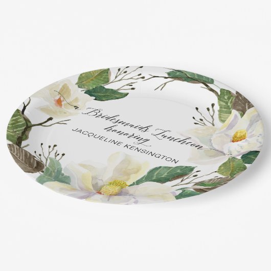 素朴フローラ樹木白マグノリア水彩 ペーパープレート (アングル)