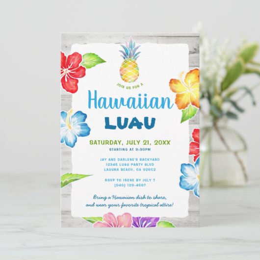 素朴フローラ水色熱帯ハワイアンルアウ（ハワイ式宴会） 招待状 (スタンド正面)