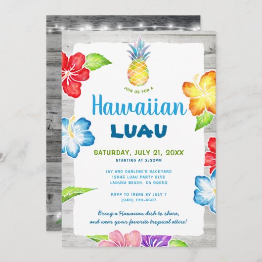 素朴フローラ水色熱帯ハワイアンルアウ(ハワイ式宴会) 招待状 (正面/裏面)