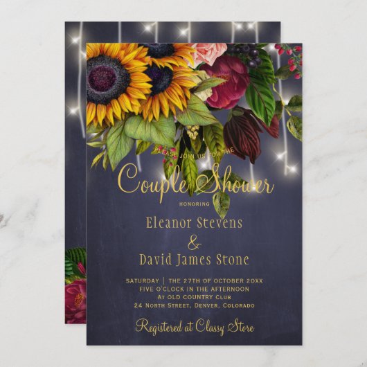 素朴フローラ海軍ブルゴーニュ冬のカップルのシャワー 招待状 (正面/裏面)