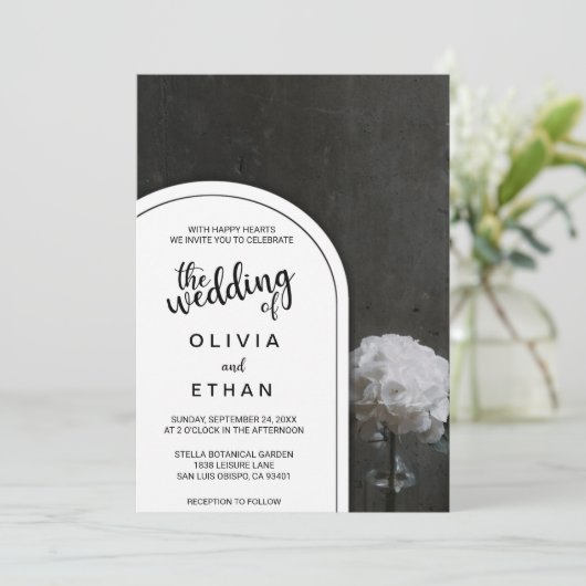 素朴フローラ白黒結婚式招待状 招待状 (スタンド正面)