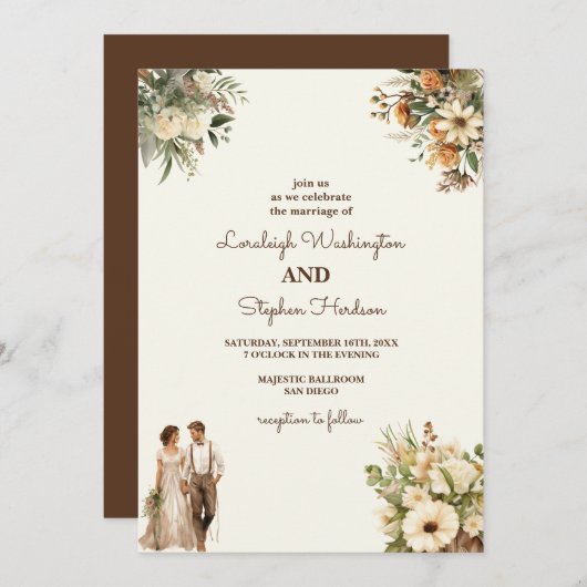 素朴フローラ結婚の優雅さモダン 招待状 (正面/裏面)