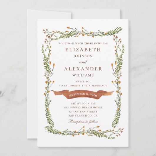 素朴フローラ結婚の。国花。植物学の 招待状 (正面)