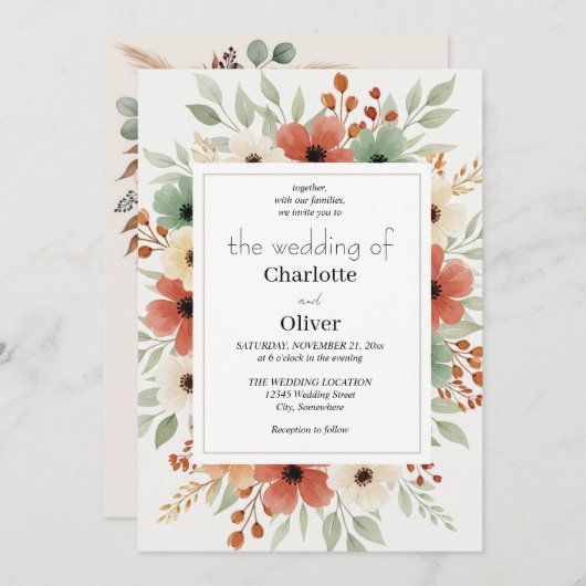 素朴フローラ結婚式招待状の背景 招待状 (正面/裏面)