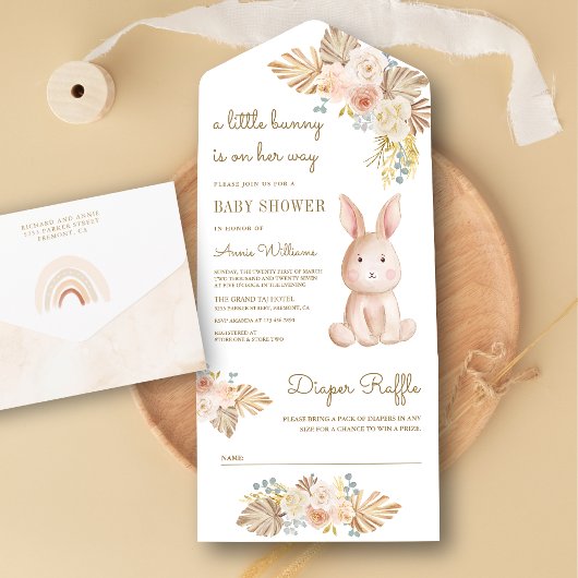 素朴フローラ自然ボホバニーうさぎ赤ちゃんシャワー オールインワン招待状