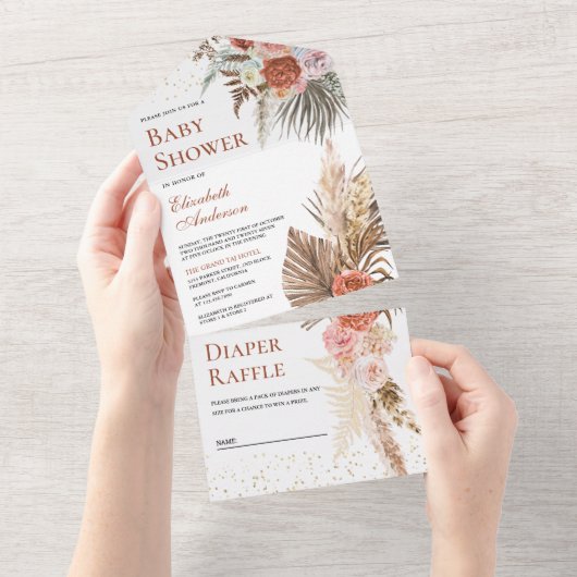 素朴フローラ自然ボホパンパスグラスベイビーシャワー オールインワン招待状 (貼ってはがせる)