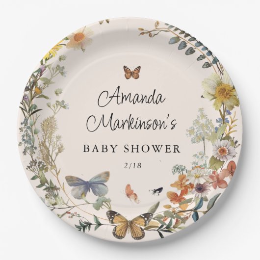 素朴フローラ蝶男女兼用赤ちゃんシャワー ペーパープレート (正面)