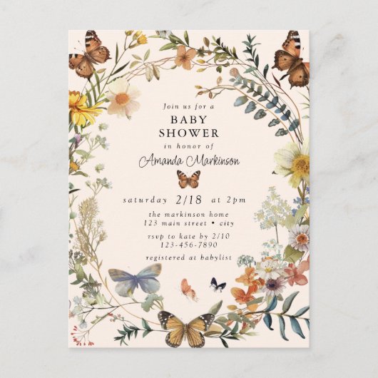 素朴フローラ蝶男女兼用赤ちゃんシャワー ポストカード (正面)