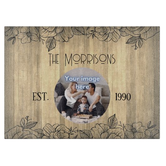 素朴フローラ記念日ファミリー写真テンプレート カッティングボード (正面)