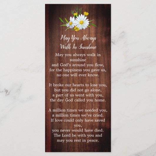 素朴フローラ記念祈りの言葉カード葬式ブックマー メニュー (裏面)