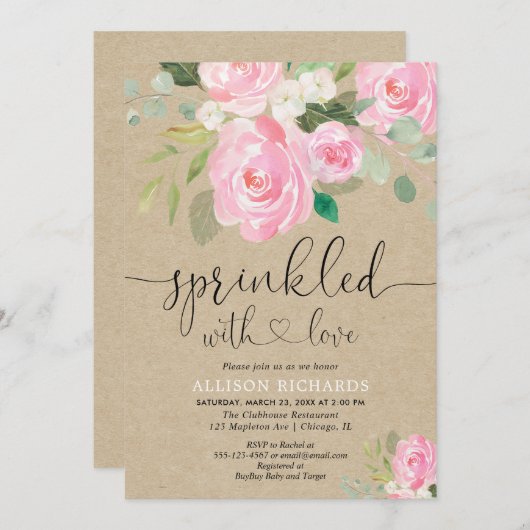 素朴フローラ赤面ピンクの女の子ベビー散布 招待状 (正面/裏面)