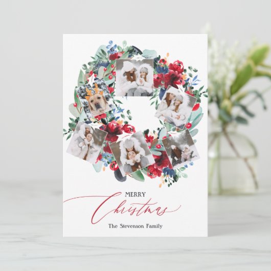 素朴フローラ赤6枚の写真クリスマスリース シーズンカード (スタンド正面)