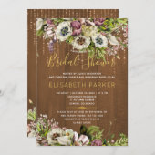 素朴フローラ金ゴールドアイボリー木材秋ブライダルシャワー 招待状 (正面/裏面)