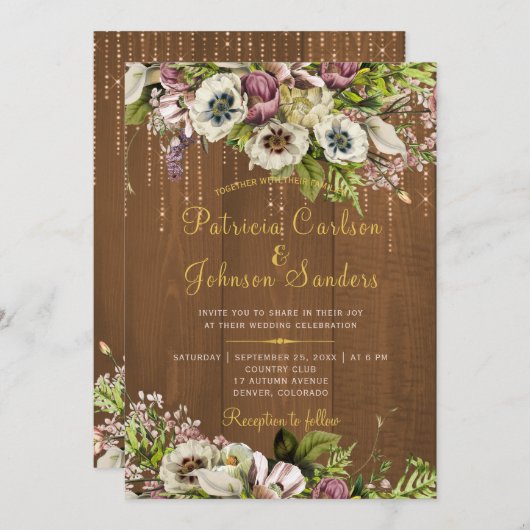 素朴フローラ金ゴールドスクリプト秋秋ウッド結婚ズ 招待状 (正面/裏面)