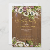 素朴フローラ金ゴールドバーンウッド秋誕生日パーティー 招待状 (正面)