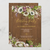 素朴フローラ金ゴールドバーンウッド秋誕生日パーティー 招待状 (正面/裏面)