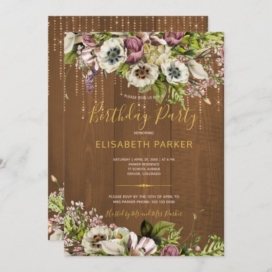 素朴フローラ金ゴールドバーンウッド秋誕生日パーティー 招待状 (正面/裏面)